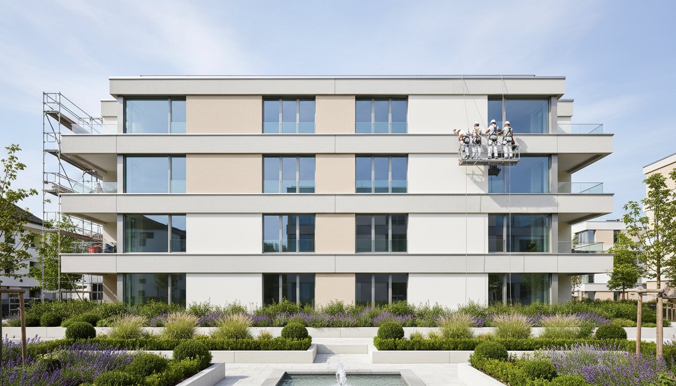 Maler bei Fassadenarbeiten an einem Mehrfamilienhaus