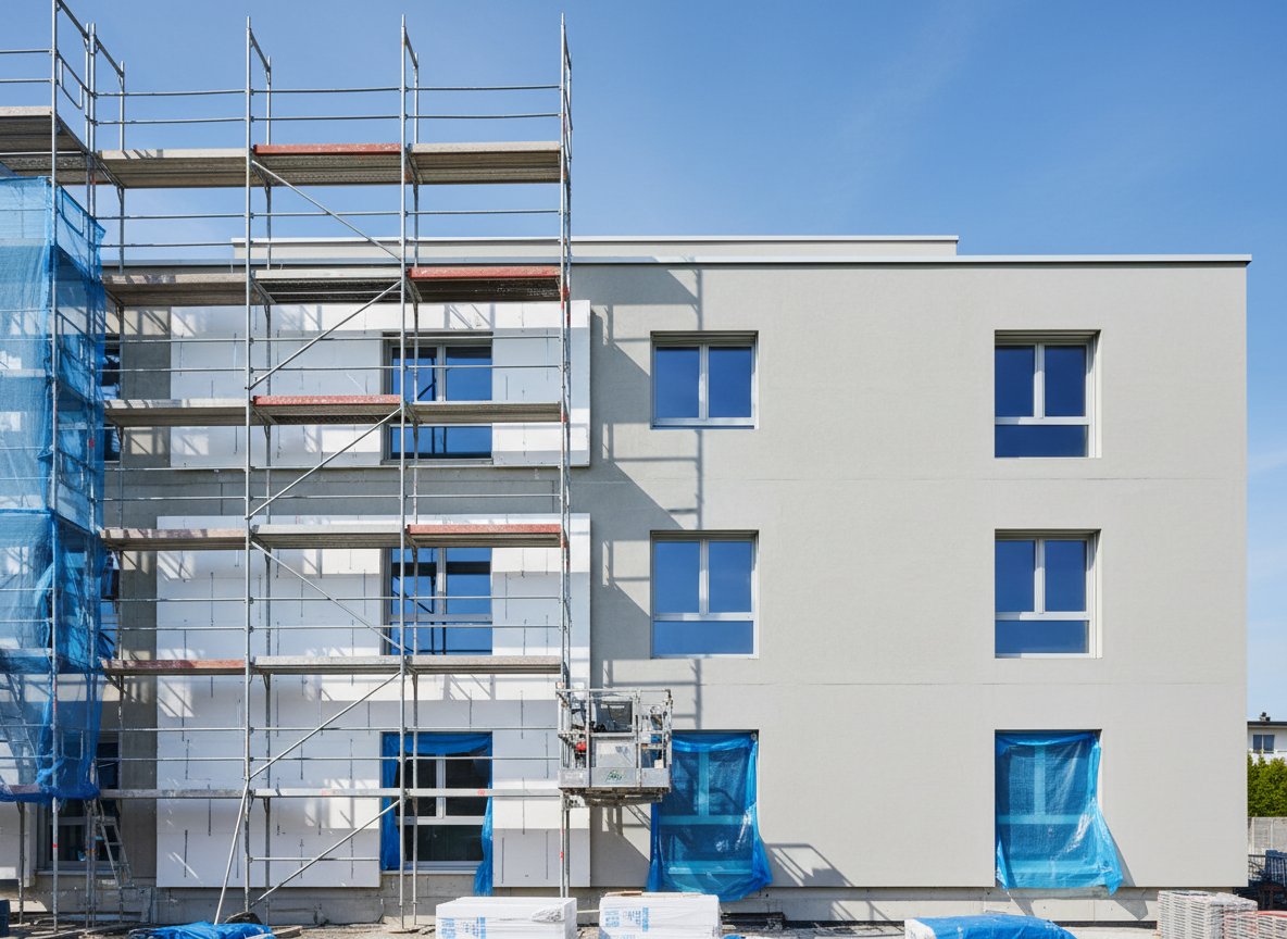 Fassadenisolation an einem Gebäude mit Gerüst