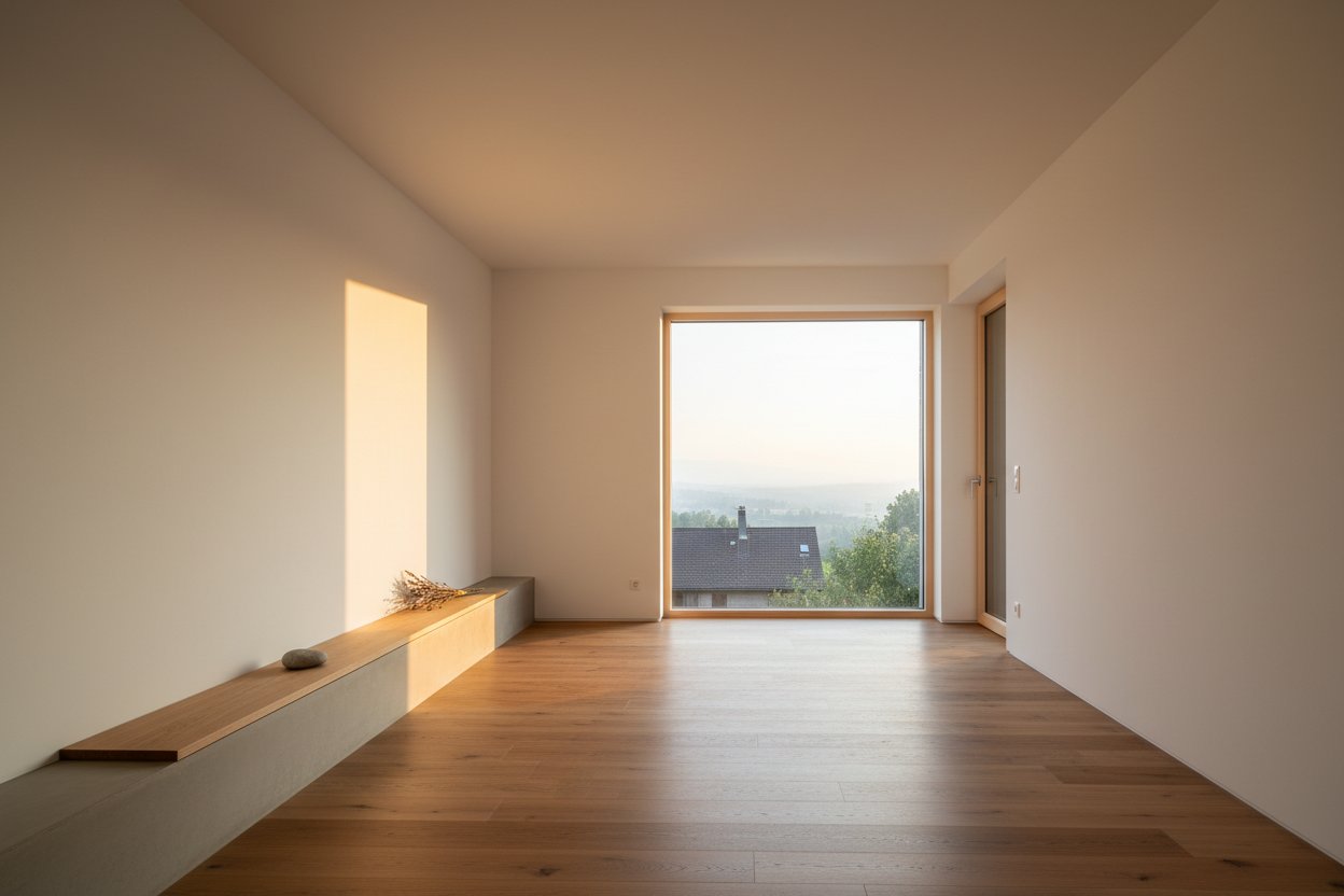 Frisch gestrichener Wohnraum mit grossem Fenster und Aussicht